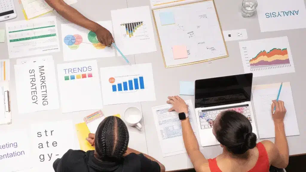 Professionals collaborating on a marketing strategy